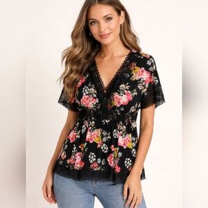 TORRID PLUSβ SIZE 2 2X TOP BLACK LACE FLORAL BLOUSE NWT